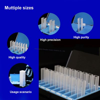 As cubetas de quartzo resistentes à corrosão e altamente transparentes são utilizadas em espectrômetros e espectrofotômetros