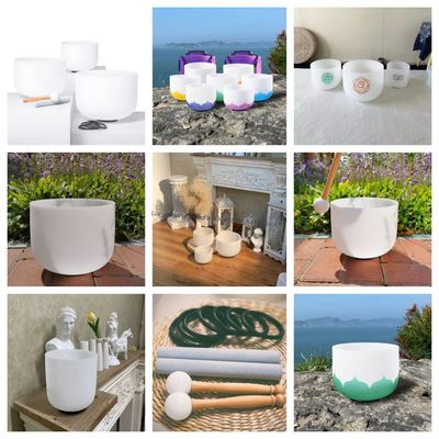 Conjunto de Tigelas Cantantes de Cristal de Quartzo de 8-20 Polegadas 99,99% em Branco Pérola Transparente para Cura Sonora e Meditação